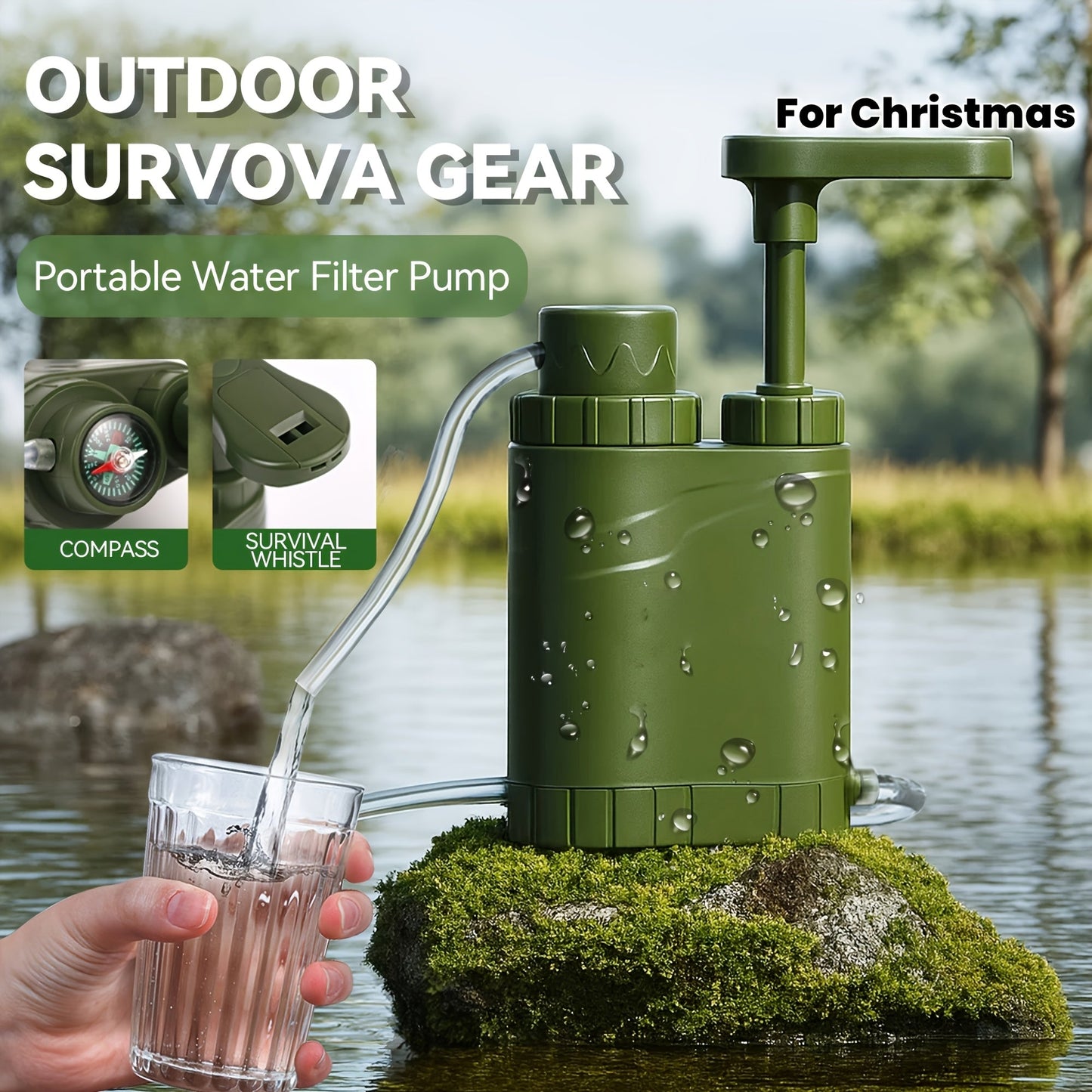 Portable Water Filter Pump for Camping & Hiking - 0.01 Micron 4-Stage Filtration, Replaceable Carbon Filter, ABS Material, Survival Water Purifier for Backpacking, Emergency & Outdoor Adventures