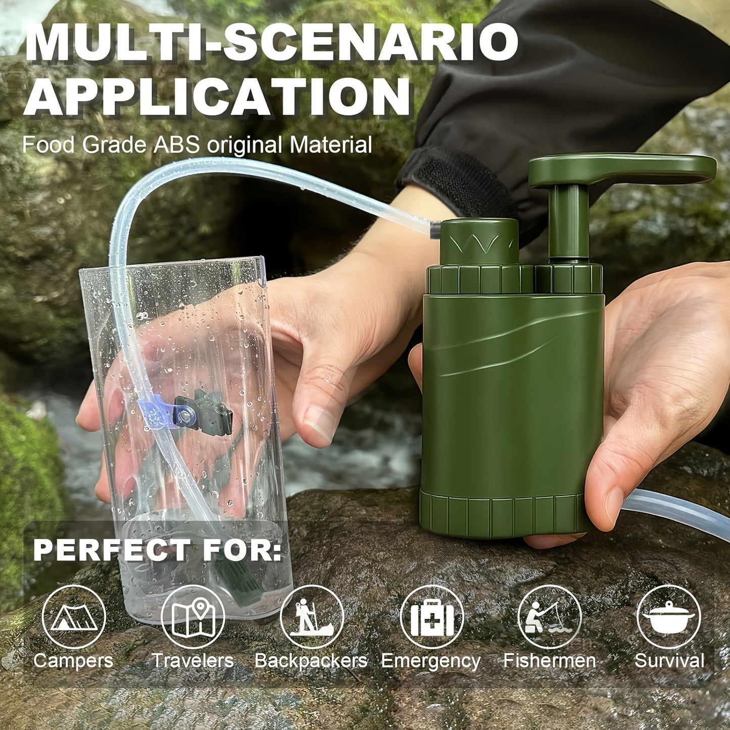 Portable Water Filter Pump for Camping & Hiking - 0.01 Micron 4-Stage Filtration, Replaceable Carbon Filter, ABS Material, Survival Water Purifier for Backpacking, Emergency & Outdoor Adventures