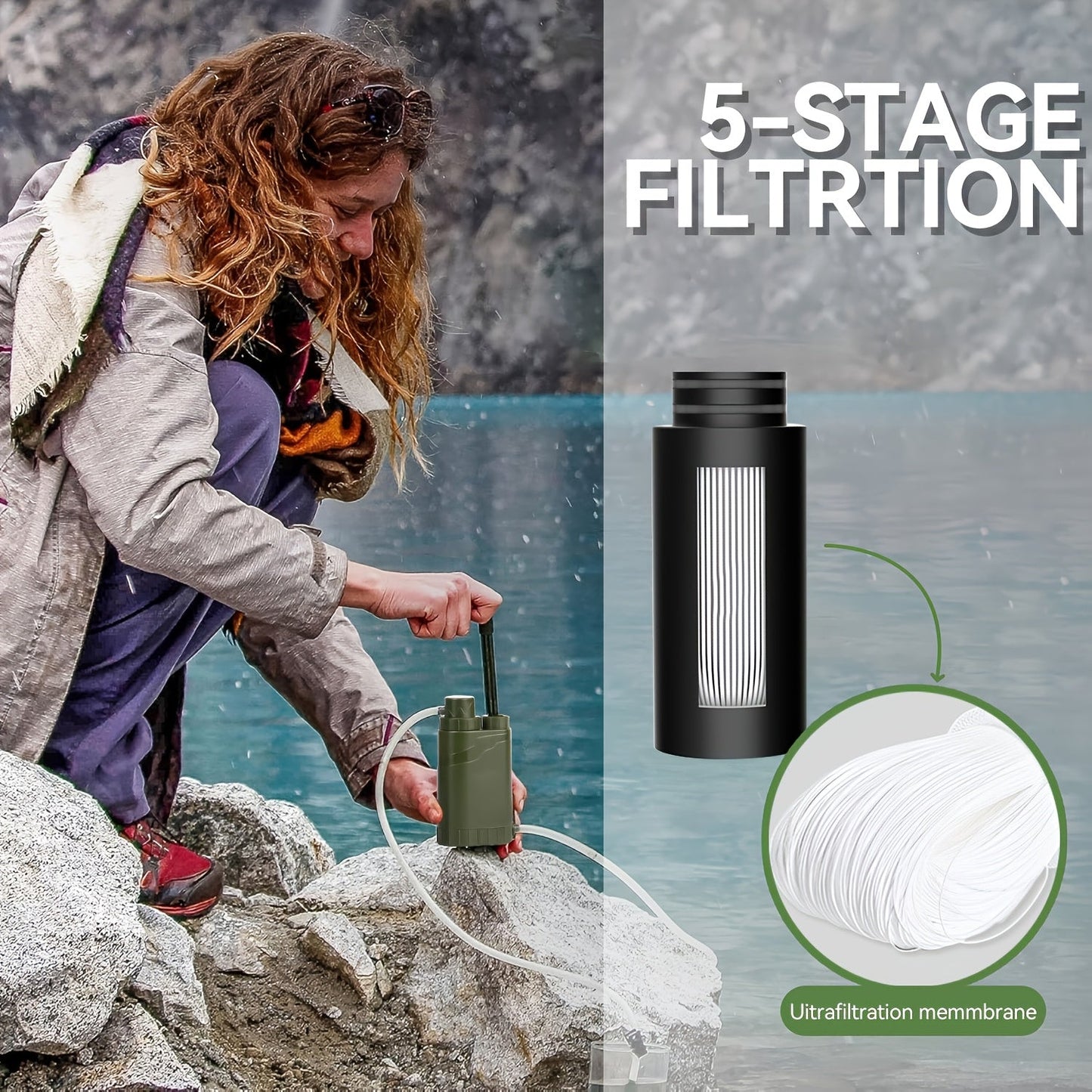 Portable Water Filter Pump for Camping & Hiking - 0.01 Micron 4-Stage Filtration, Replaceable Carbon Filter, ABS Material, Survival Water Purifier for Backpacking, Emergency & Outdoor Adventures