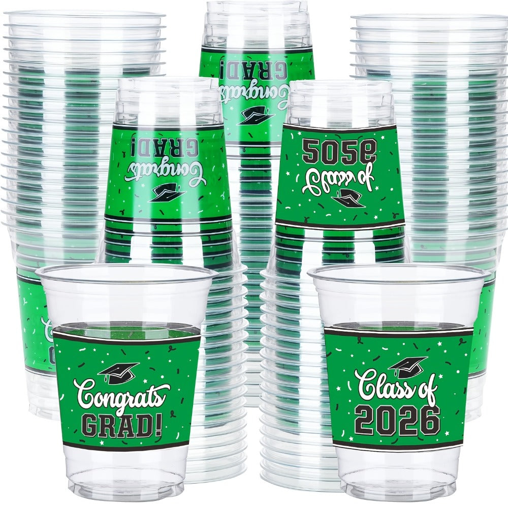 Graduation Plastic Mugs 100 Pack 14oz – 2026 Graduation Party Cups in Black Red Blue Green Purple Maroon for Graduation Ceremony, Reception, Celebration & School Color Party Drinkware Bulk
