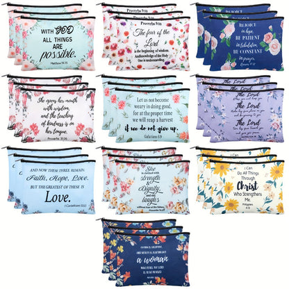 Bible Verse Makeup Bag Bulk 30 Pcs Christian Zipper Scripture Pouches Church Favors Inspirational Religious Gift for Women VBS Sunday School Travel Pencil Bag
