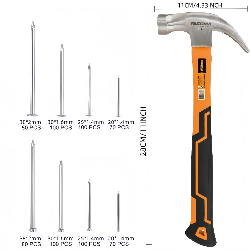 Claw Hammer & 700-Piece Nail Kit – 8oz or 16oz Forged Steel Magnetic Hammer with Galvanized Picture Hanging & Finishing Nails, Home Repair & DIY Wall Hanging Tool Set