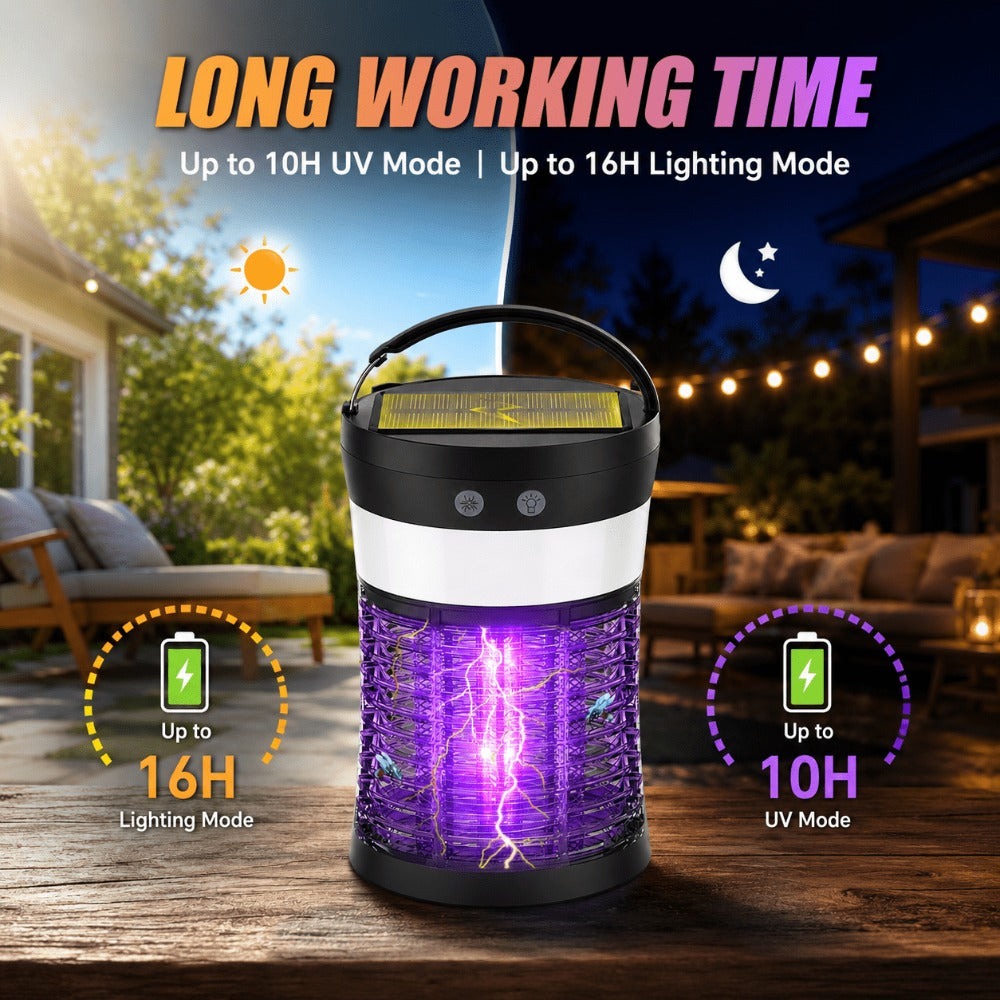 Solar Bug Zapper Electric 3-in-1 – 3000V UV 365nm Mosquito Killer Rechargeable Insect Fly Trap with White Light & Flashlight, 2100 Sq Ft Coverage for Indoor Outdoor Home Patio Backyard Camping – Black