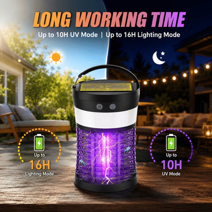 Solar Bug Zapper Electric 3-in-1 – 3000V UV 365nm Mosquito Killer Rechargeable Insect Fly Trap with White Light & Flashlight, 2100 Sq Ft Coverage for Indoor Outdoor Home Patio Backyard Camping – Black