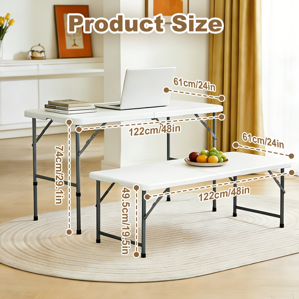 Folding Picnic Table Portable Plastic Camping Table Indoor Outdoor with Carrying Handle Lock 4FT 6FT Lightweight Fold Up Dining Table for Camping Backyard BBQ Party Beach White