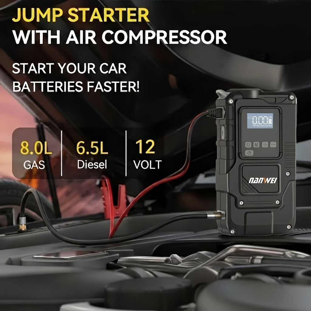 NANWEI Portable Emergency Jump Starter with Air Pump, Portable Peak Current Car Battery Jump Starter, Suitable for 12V (2.11gal Gasoline/1.72G Diesel) Cars, with USB Input/Output, LED Emergency Lighting, Car Additions Tools, And Wireless Car Air Pump