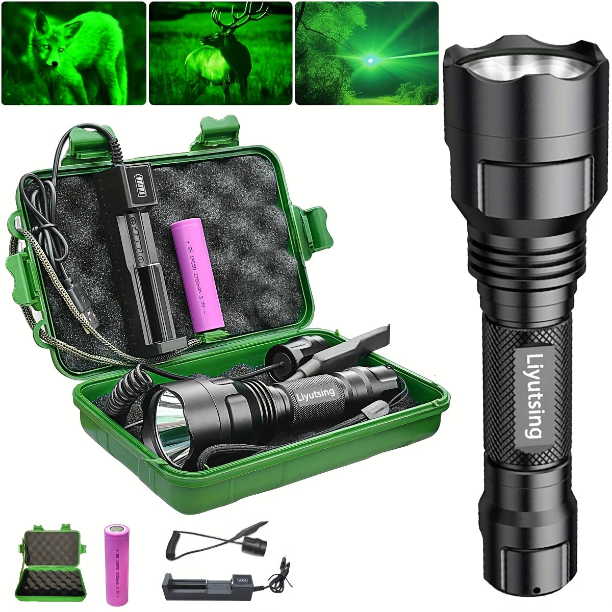 Night Hunting Flashlight with Remote Control Switch – 350 Yards High Power Green Red White Light, 18650 Rechargeable, Multiple Mounts for Hunting, Fishing, Camping & Beekeeping, Best Gift for Men