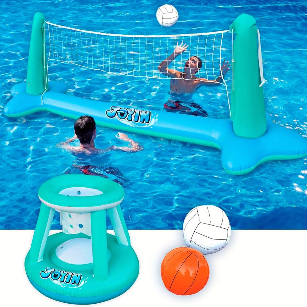 Inflatable Pool Volleyball Set with Basketball Hoop – 2-in-1 Floating Net Court Game for Kids & Adults, Summer Pool Party Toy, Outdoor Swim Sport, Backyard Water Fun