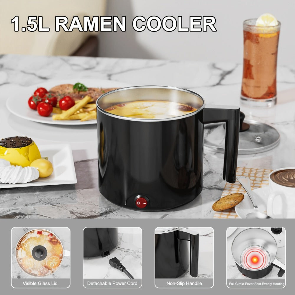 Electric Hot Pot 1.5L Non-Stick Saucepan – Portable Mini Electric Cooker for Noodles, Pasta, Eggs, Steak & Ramen | Fast Heating, Dorm & Travel Friendly