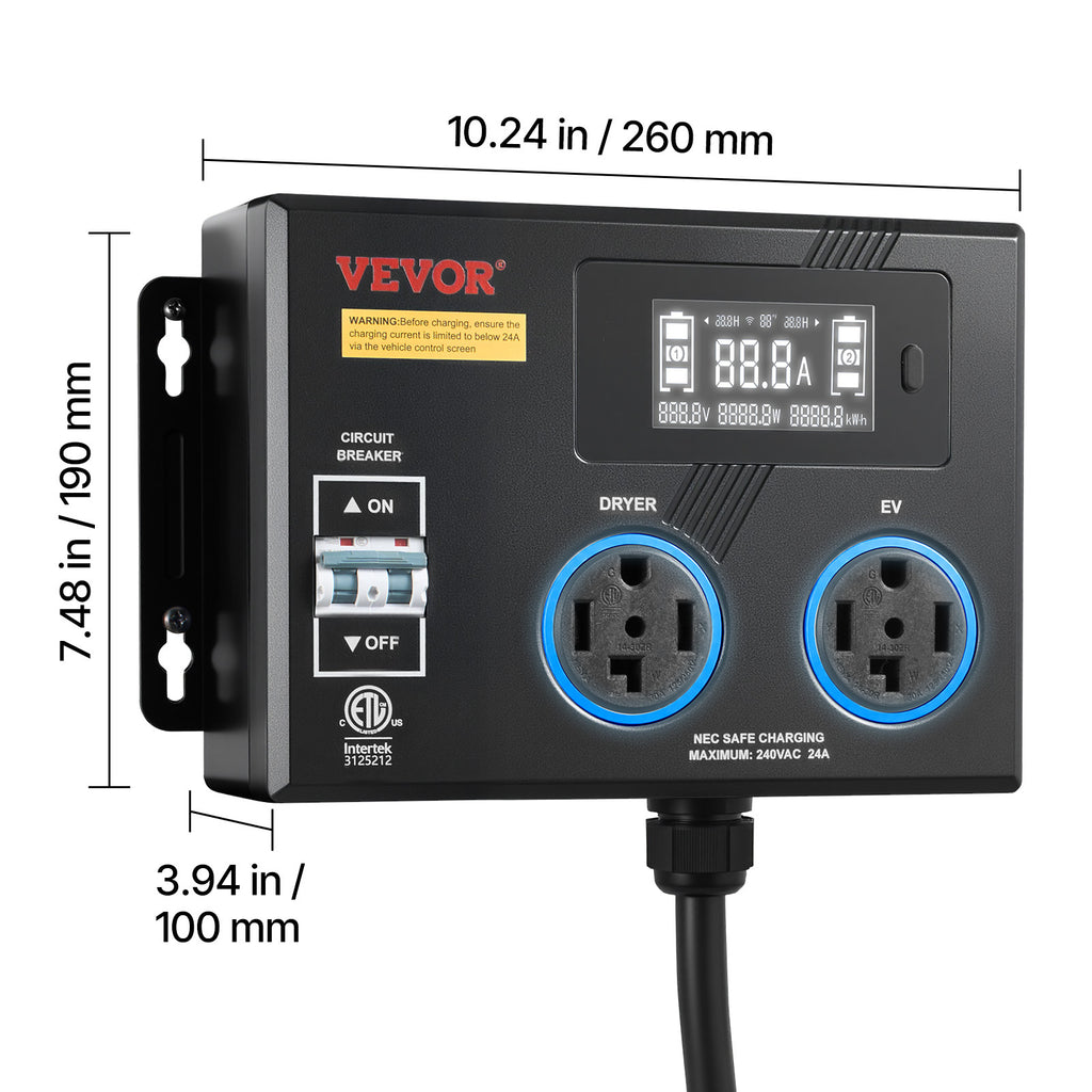 VEVOR Automatic EV Charging Switch, NEMA 14-30, Splitter Switch for Dryer & EV Charger, 24A Max 240V Smart Power Distribution with Circuit Breaker, Real-Time Display, for EVs, Ovens, Dishwashers, ETL
