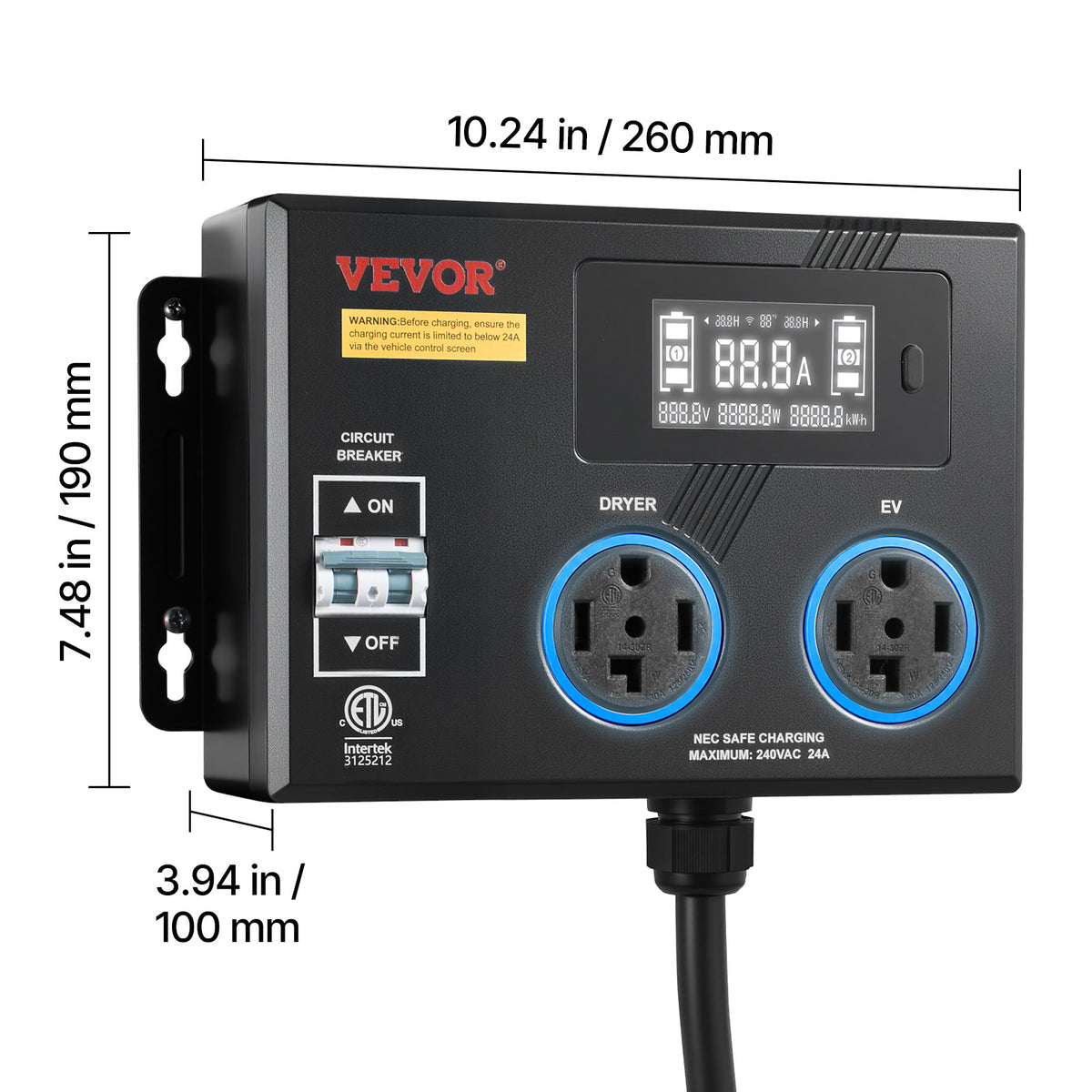 VEVOR Automatic EV Charging Switch, NEMA 14-30, Splitter Switch for Dryer & EV Charger, 24A Max 240V Smart Power Distribution with Circuit Breaker, Real-Time Display, for EVs, Ovens, Dishwashers, ETL