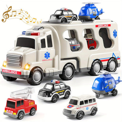 Ambulance Truck Toy 5-in-1 Carrier Set with Lights & Sounds – Friction Power Emergency Vehicle Playset for Kids Boys Ages 3+, Birthday Gift