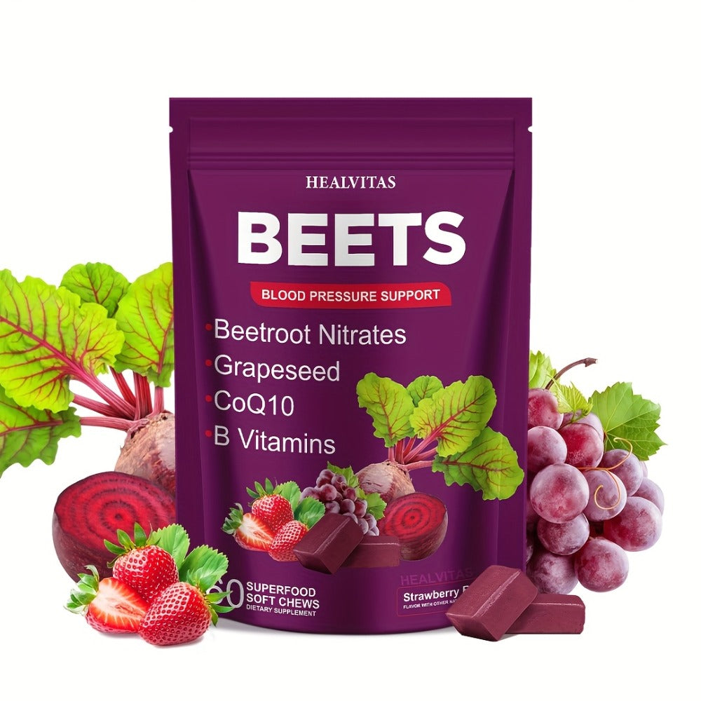 Beet Root Gummies for Blood Pressure & Heart Health with CoQ10 Vitamin B12 B6 Grapeseed Extract — Chewable SuperBeets Blood Flow Booster Nitric Oxide Supplement for Men Women 1 2 3 Pack