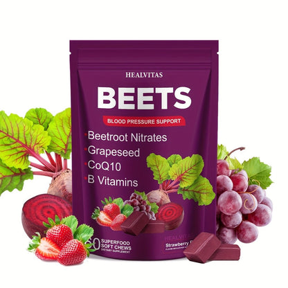 Beet Root Gummies for Blood Pressure & Heart Health with CoQ10 Vitamin B12 B6 Grapeseed Extract — Chewable SuperBeets Blood Flow Booster Nitric Oxide Supplement for Men Women 1 2 3 Pack
