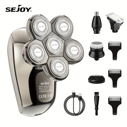 Electric Head Shaver for Bald Men 7D 7 Floating Heads — All-in-One Grooming Kit with Nose Hair Trimmer & Facial Cleaning Brush, 1.5H Fast Charging, Travel Lock, Rechargeable Men's Razor Gift Set (Blue/Black/Gold/Coffee)