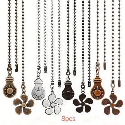 Ceiling Fan Pull Chain Extension Set of 8 - Decorative Bead Chain Pull Cord with Five-Leaf & Bulb Pendants, Iron Chain & Zinc Alloy, Bronze, Black, White, Red, Multi-Color, No Batteries Required