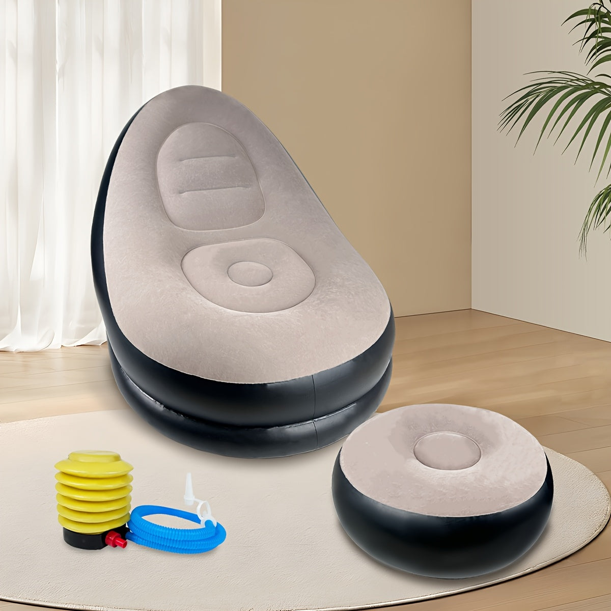 Inflatable Recliner Sofa with Footstool Set - Heavy Duty Portable Folding Air Couch with Plush Fabric & Pump Included, Space-Saving Indoor Outdoor Lounge Chair for Camping, Backyard, Living Room & Travel, 6 Colors Available