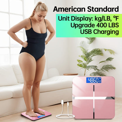 USB Rechargeable Bathroom Scale 400lb – Smart Digital Body Weight Scale, HD LCD & Fahrenheit Temperature Display, kg/lb Switch, Ultra-Wide Platform, USB Charging or Battery Powered, Black & Pink