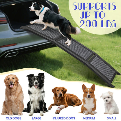 Folding Pet Ramp for Dogs & Cats – Adjustable Portable Non-Slip Fabric Ramp with Ergonomic Handle for Car, Bed & Sofa Access | Indoor & Outdoor Use, 60in & 67in