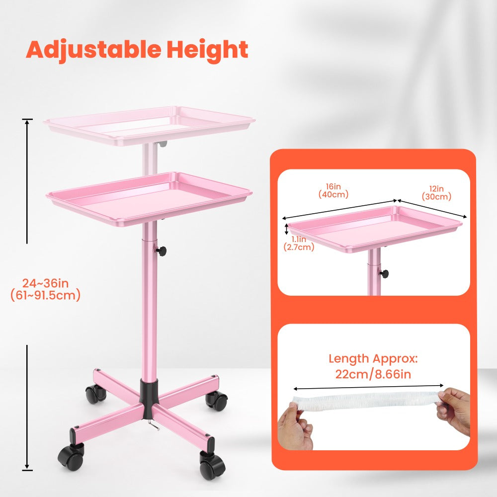 Salon Rolling Trolley Cart Adjustable Height with 10 Disposable Covers Mobile Utility Tray for Spa Tattoo Hairstylist Nail Salon Fits Trays up to 27.5 Inch Gold Pink