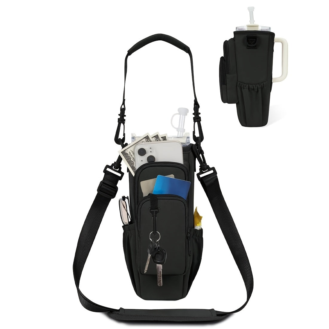 Insulated Water Bottle Carrier Bag for 30-40oz Bottles - Adjustable Shoulder Strap, Phone Pocket & Straw Cover - Neoprene Bottle Holder Pouch for Dog Walking, Hiking & Outdoor Activities