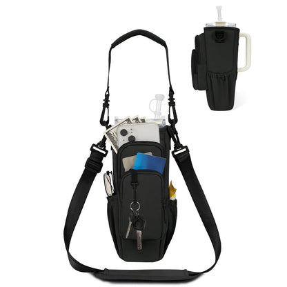 Insulated Water Bottle Carrier Bag for 30-40oz Bottles - Adjustable Shoulder Strap, Phone Pocket & Straw Cover - Neoprene Bottle Holder Pouch for Dog Walking, Hiking & Outdoor Activities