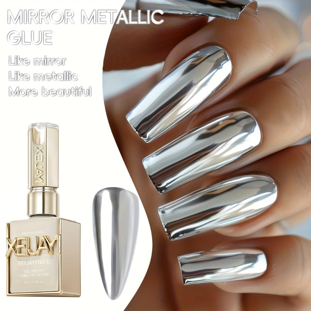 Mirror Metallic Nail Art Gel XEIJAYI Electroplating Bottle - High-Density Edge Painting Floral Color Platinum Shiny Silver Finish, Strong Durable Long-Lasting Salon & DIY Nail Art Polish for Women