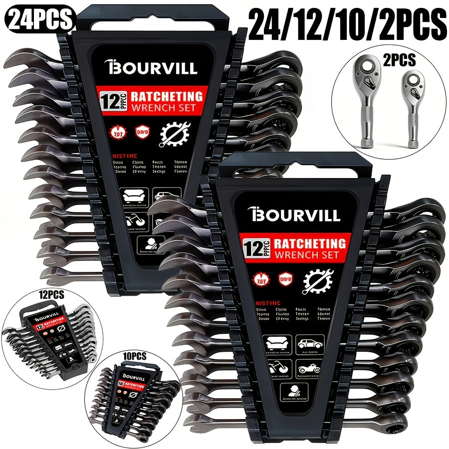 24/12/10/2pcs Ratchet Wrench Combination Set - Heavy Duty Black Plated Ratchet Wrench, Suitable for Automotive, Motorcycle And DIY Maintenance - Professional Mechanical Tool Set - Metric Wrench