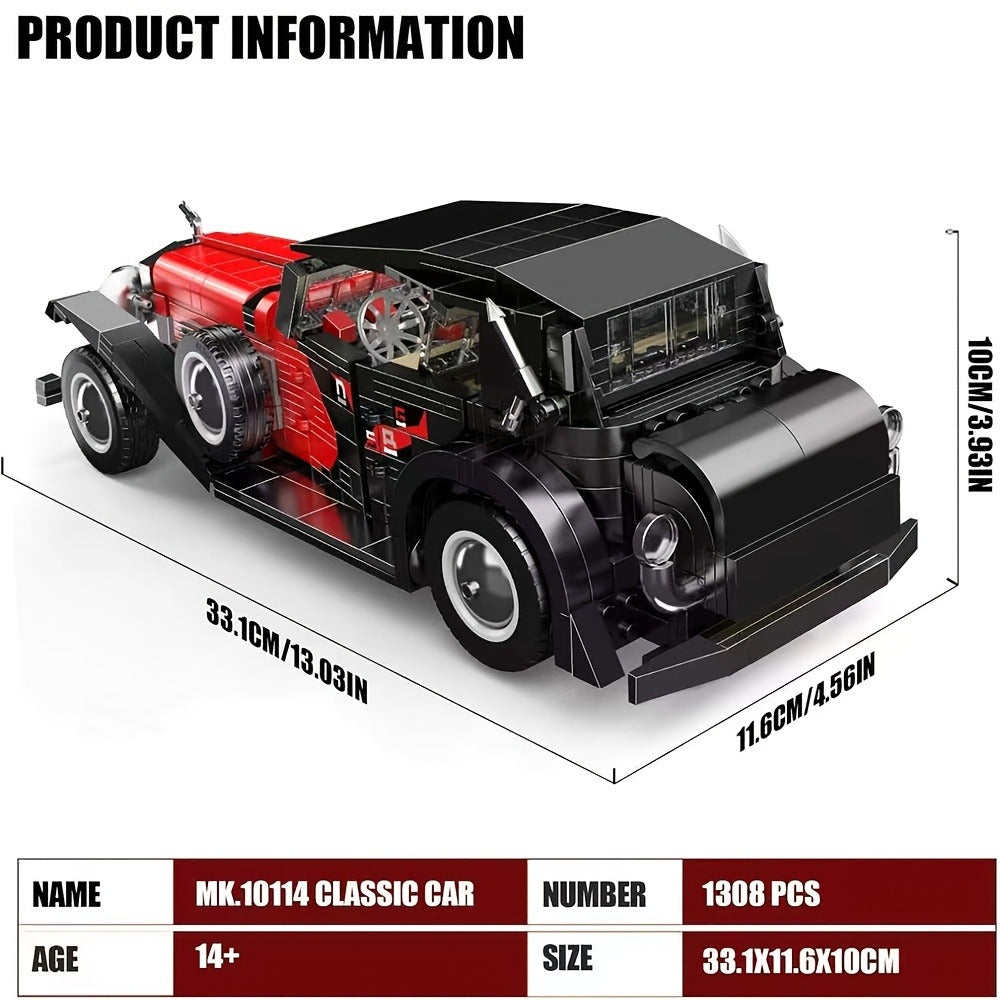 Mould King 10114 Vintage Classic Car Building Blocks Set 1308 Pcs – MOC Retro Car Collectible Display Model for Adults Teens Car Enthusiasts Birthday Christmas Father's Day Gift