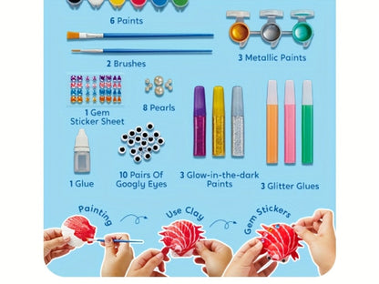 Glow in the Dark Seashell Painting Kit for Kids – 12 Real Sea Shells with Non-Toxic Acrylic Paints & Brushes, Ocean STEM Arts and Crafts for Boys Girls Ages 6-12