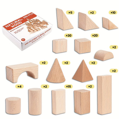 Natural Beech Wood Blocks 100 Piece Unpainted Solid Wooden Building Set – STEM Logical Thinking Toy for Kids Ages 3-12, Castle Stacking Sorting Educational Gift for Boys & Girls
