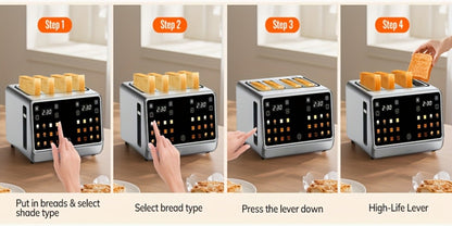4-Slice Digital Smart Toaster with Touchscreen | Dual Control Panel, Single Slot Toasting, Timer, Reheat & Defrost Functions for Bagels, Bread & Waffles – Stainless Steel Kitchen Essential