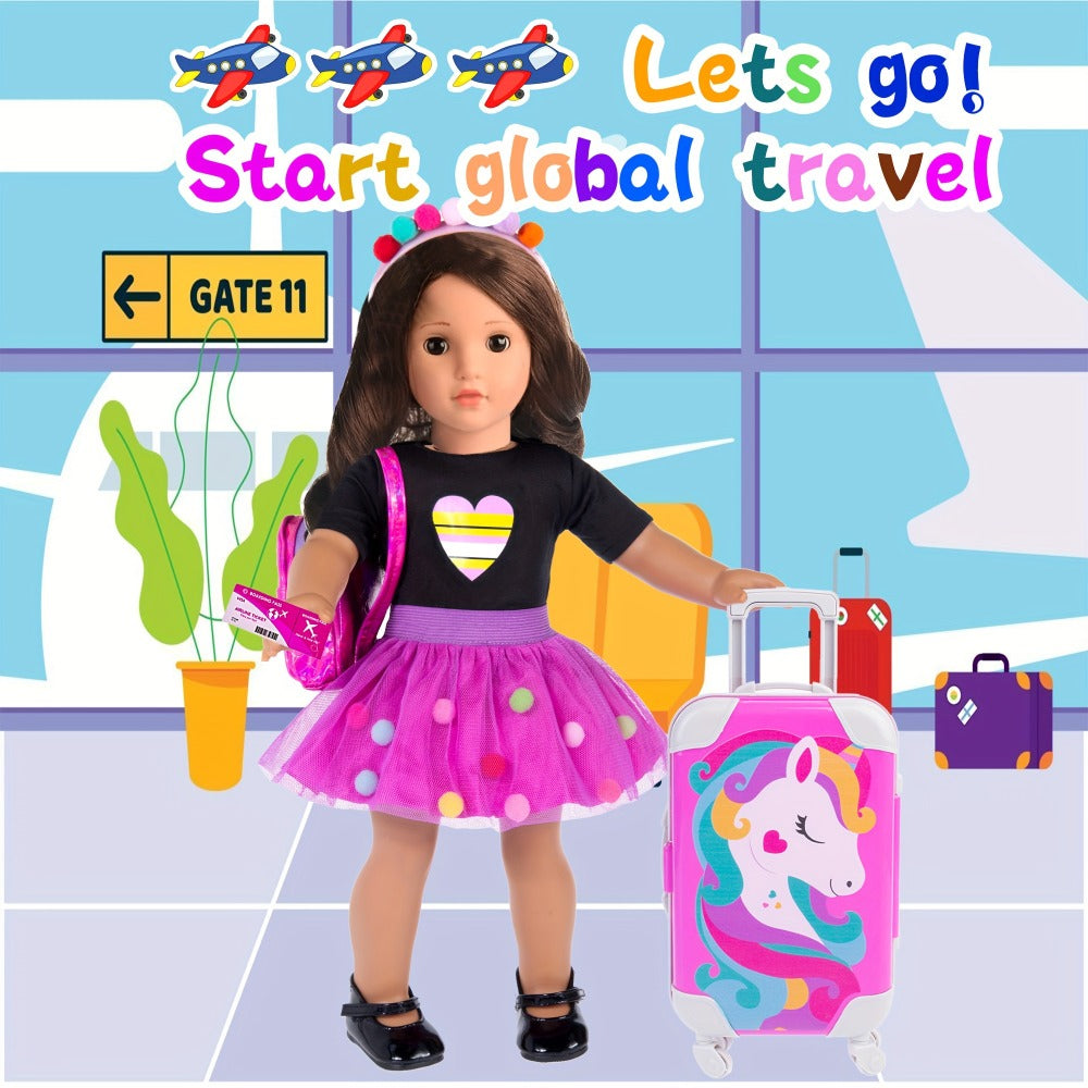 18 Inch Doll Travel Accessories Set 25 Pcs – Unicorn Suitcase, Roller Skates, Outfit, Backpack, Hairpins & Passport for 18 Inch Girl Dolls, Imaginative Play Gift for Girls Ages 3+ (Doll Not Included)