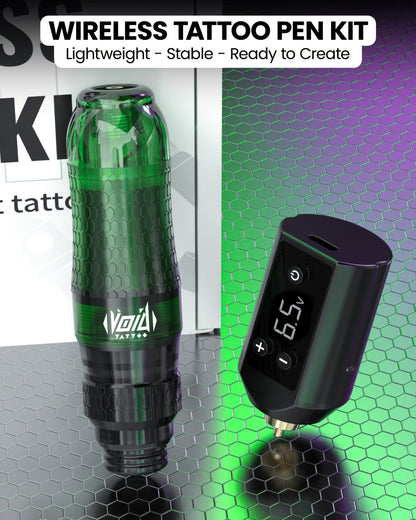 Tattoo Pen Kit VOID Wireless 1200mAh Anti-Slip Grip 4-12V Adjustable 10 Cartridge Needles 5 Ink Shades 3-4 Hour Battery Rotary Tattoo Gun for Beginners Purple Green