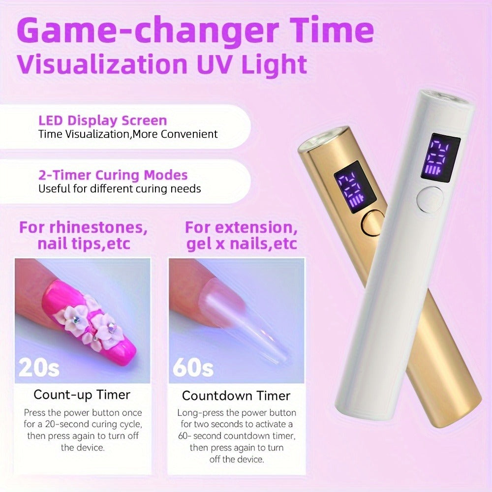UV LED Nail Lamp Pen-Shape Cordless Rechargeable 365+405nm Gel Polish Curer – Portable Mini Nail Dryer with 2 Timer Modes 20s & 60s for Home Manicure & Nail Art, Gold White Pink