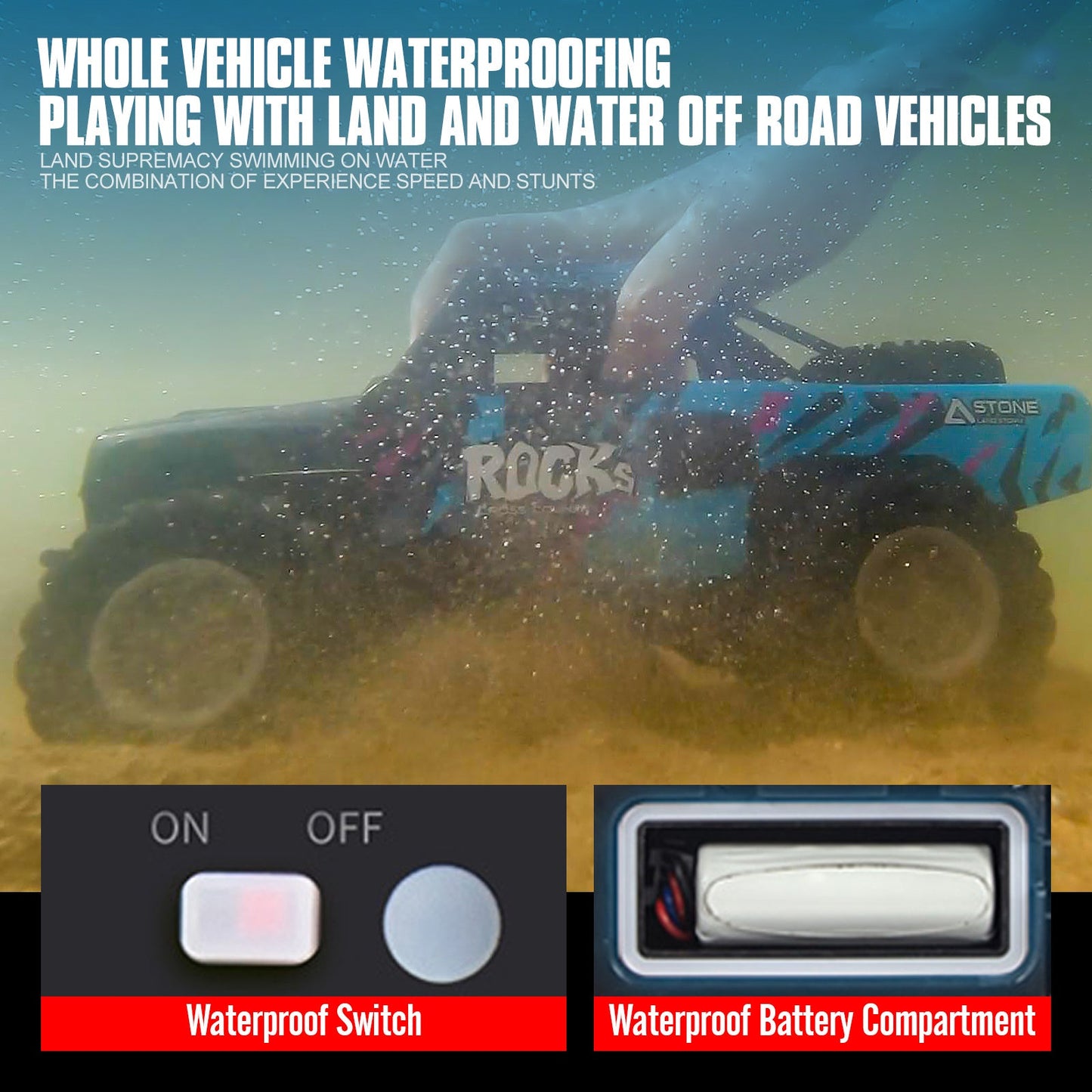 Amphibious RC Car 1:16 Scale 4WD Waterproof Land & Water Remote Control Monster Truck – 2 Rechargeable Batteries, All-Terrain RC Truck for Boys Kids Ages 4+, Birthday Christmas Gift