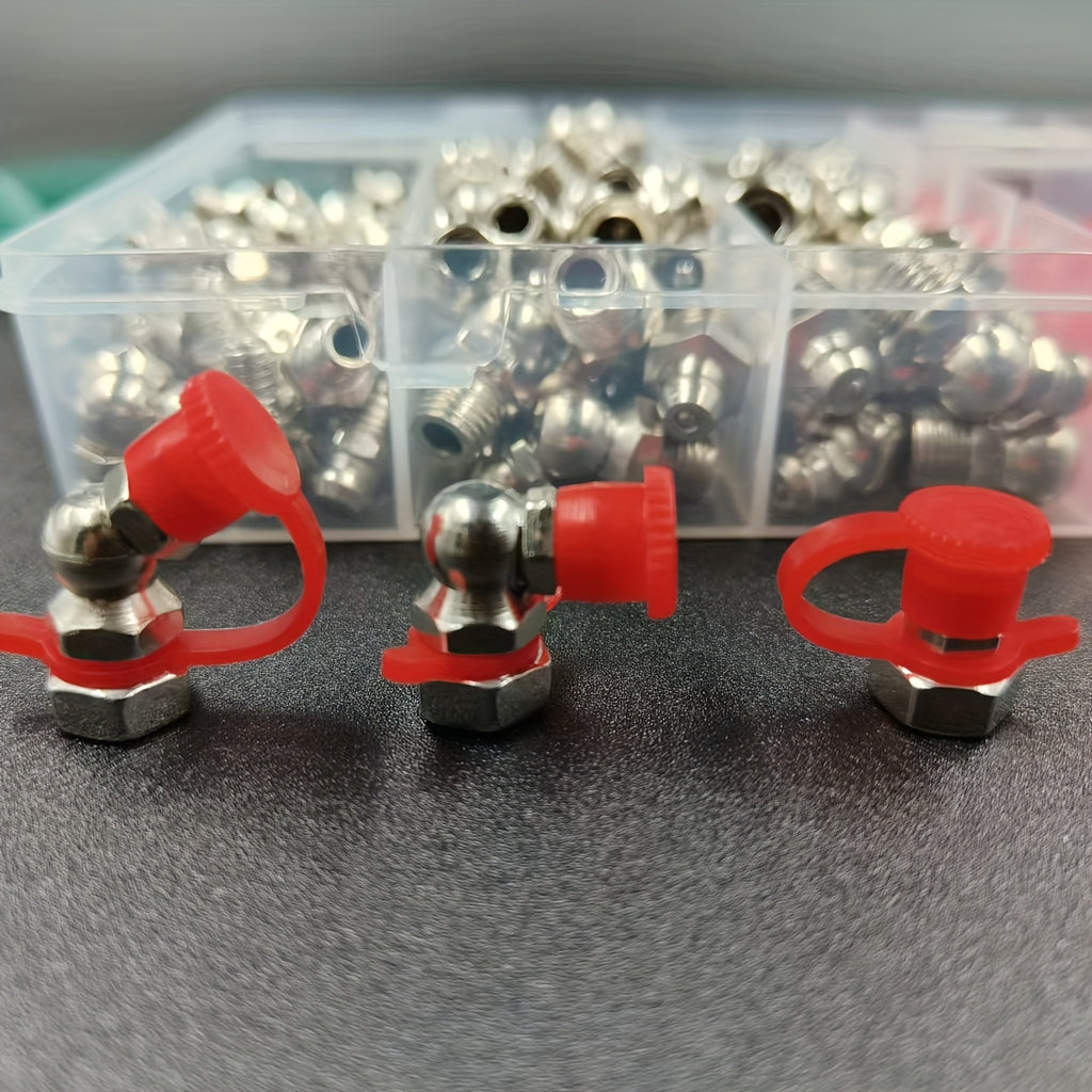 200pcs Steel Grease Nozzle Set - M6, M8, M10 Thread Types, Straight And Elbow Grease Nozzle Connectors for Machinery, Hex Bolt Head 45° 90° 180°, with Red Dust Caps