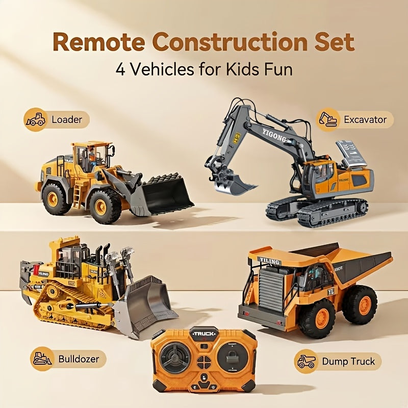 RC Construction Vehicle Set for Kids 2 3 4 Piece 2.4GHz 12-Channel Excavator Dump Truck Bulldozer Loader Alloy Remote Control Construction Equipment Birthday Christmas Gift Boys Ages 3+