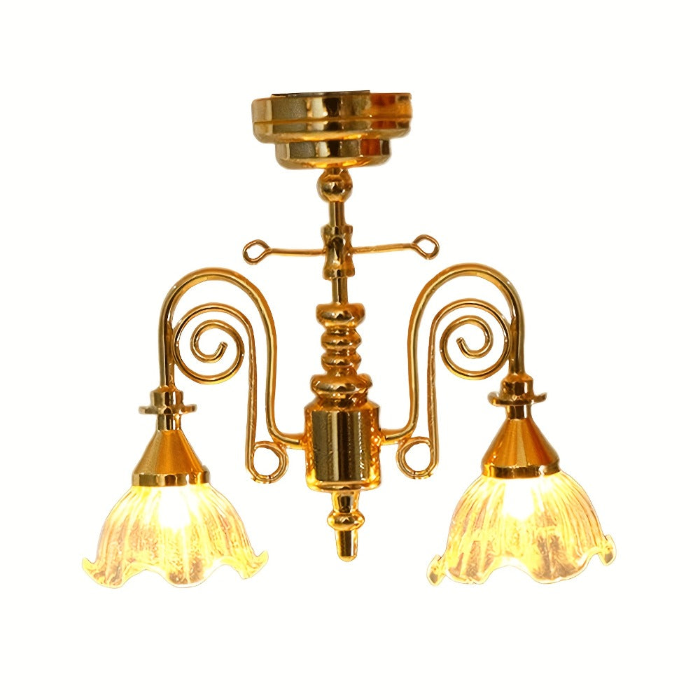 Miniature LED Chandelier Ceiling Lamp Dollhouse Working Light 1:12 Scale Golden Finish DIY Room Box Diorama Sand Table Decor Gift for Miniature Hobbyists Collectors