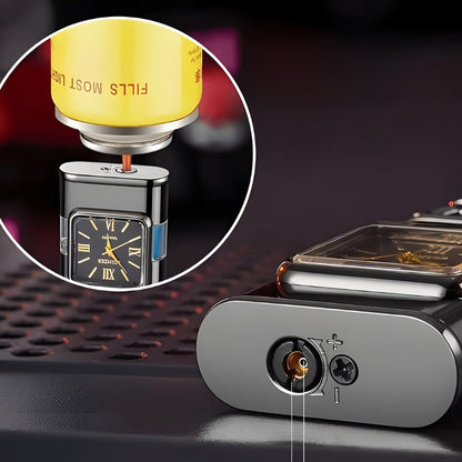 Double Flame Torch Lighter for Men – Windproof Refillable Butane Lighter with Vintage Quartz Dial, Zinc Alloy Body, Gift Box Included, Outdoor Camping BBQ Survival, Unique Engraved Style (Butane Not Included)