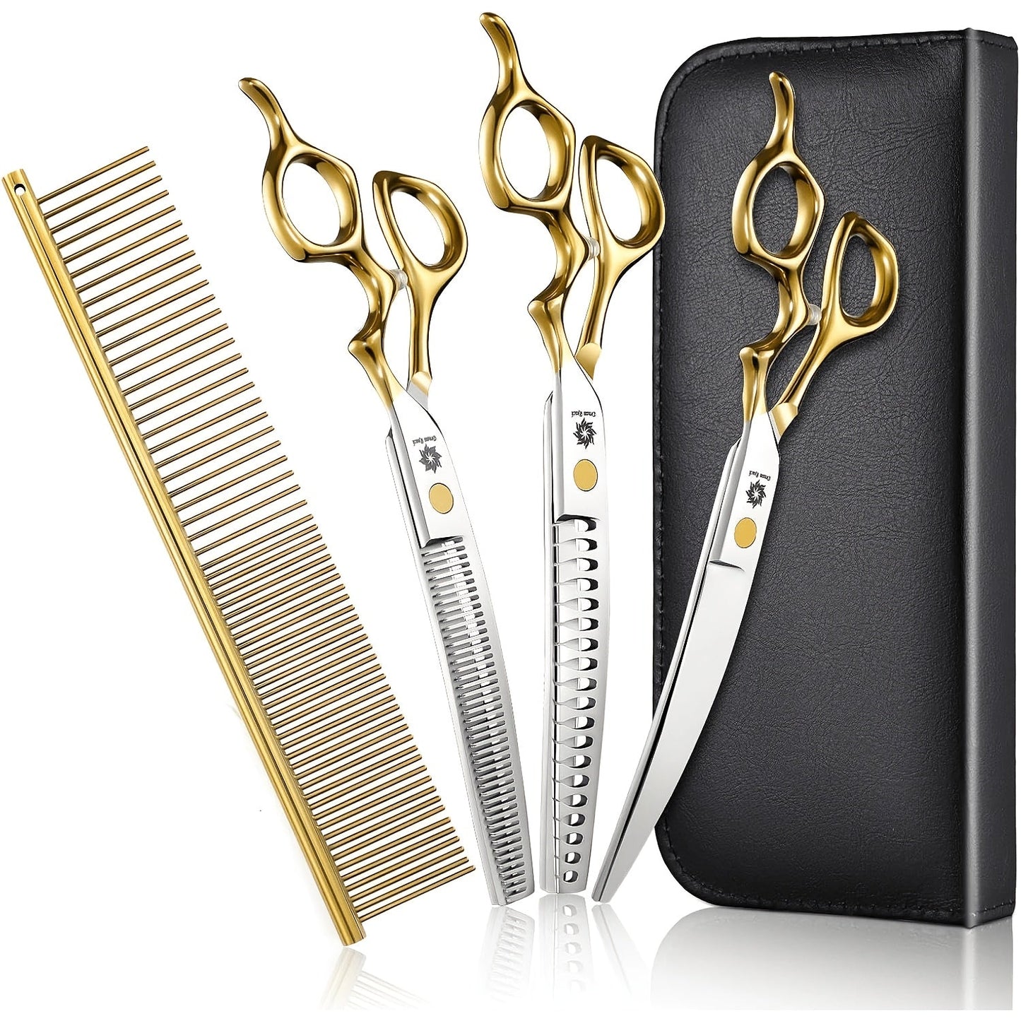 Curved Dog Grooming Shears Set 7 Inch - 440C Stainless Steel Curved Scissors Thinning Chunker Comb Ergonomic Handle Professional Pet Trimming Kit with Storage Bag