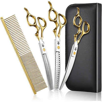 Curved Dog Grooming Shears Set 7 Inch - 440C Stainless Steel Curved Scissors Thinning Chunker Comb Ergonomic Handle Professional Pet Trimming Kit with Storage Bag