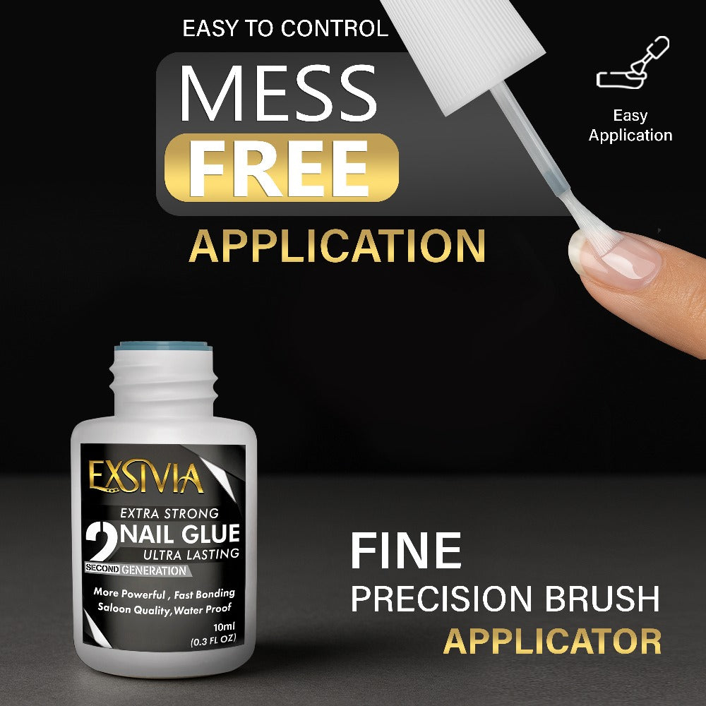 Extra Strong Brush On Nail Glue 10ml Exsivia - Quick Dry Waterproof Long Lasting Bond for Press On Nails Acrylic Fake Nail Tips - No Dehydrator or Primer Needed Salon Quality Nail Adhesive for Women