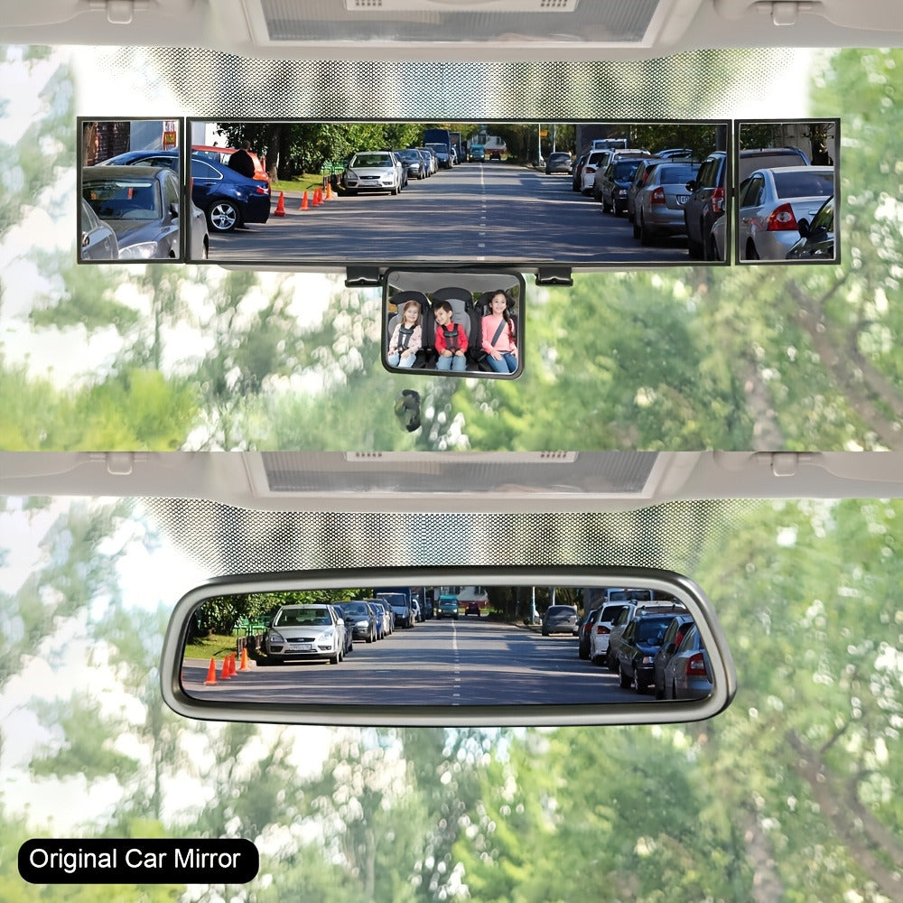 Interior Rearview Mirror 13 Inch – Quadruple-Fold Adjustable Wide Angle Car Mirror with 360° Swivel, Flat Lens, Enhanced Visibility for Safe Driving