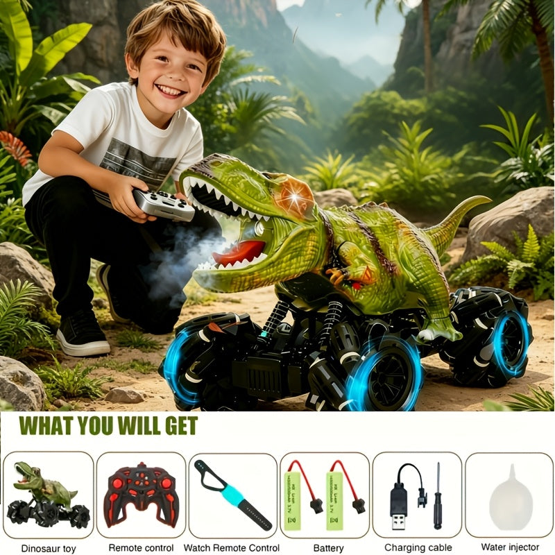 RC Monster Truck Dinosaur 2.4GHz 4WD Off-Road Remote Control Car with LED Lights Music Large Tires All-Terrain Stunt Vehicle Gift for Boys Girls Kids Ages 6+