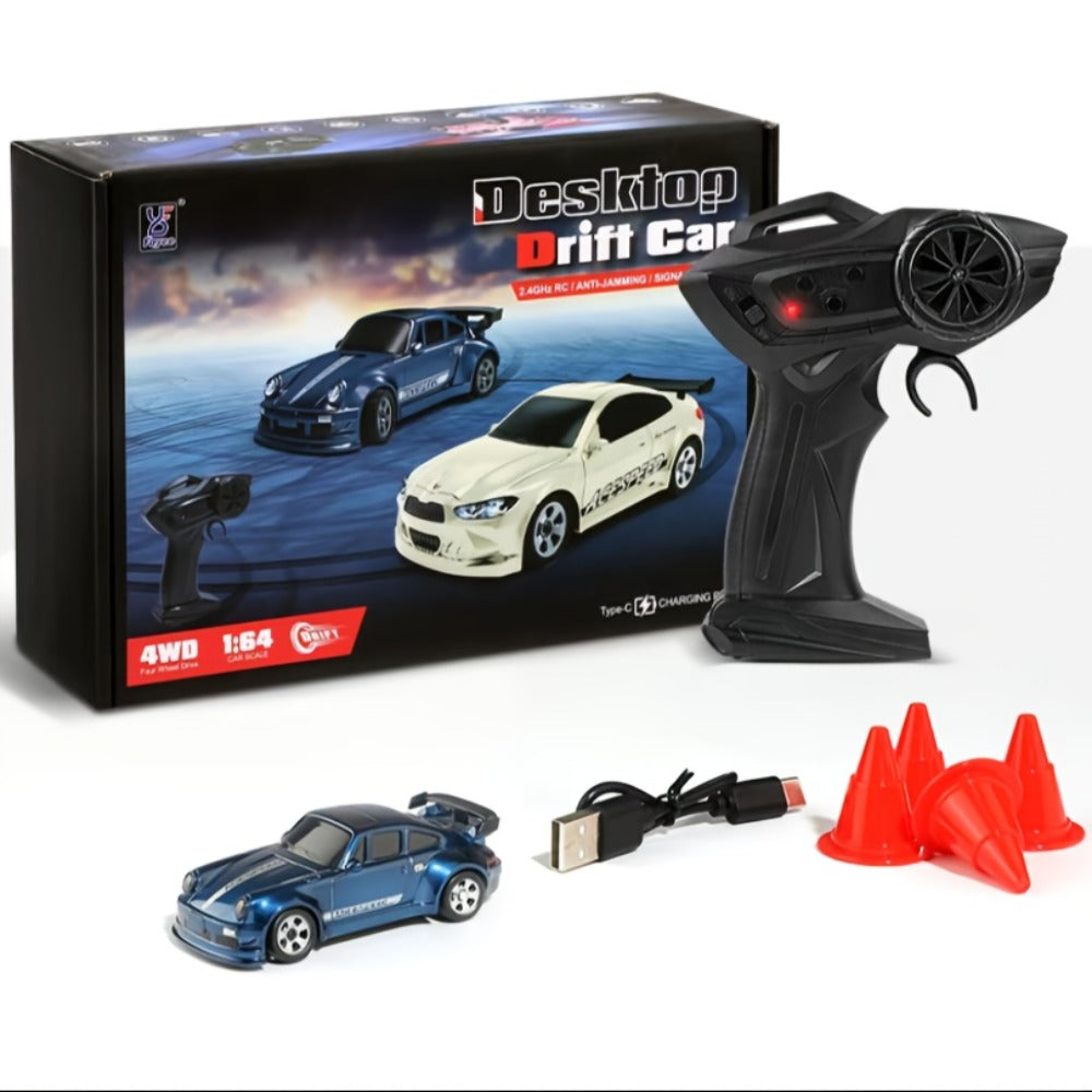 RC Drift Car 1/64 Scale 4WD with LED Lights – High-Speed Remote Control Racing Sports Car, Desktop Mini RC Toy for Boys Kids Teens, Birthday Christmas Gift Black Blue