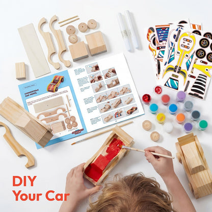 DIY Wooden Race Cars 4pcs Build & Paint Kit for Kids Ages 8+ – 44 Pre-Cut Pieces 12 Colors Racing Stickers, Paint Your Own Wood Craft Toy STEM Arts Crafts Birthday Gift for Boys Girls