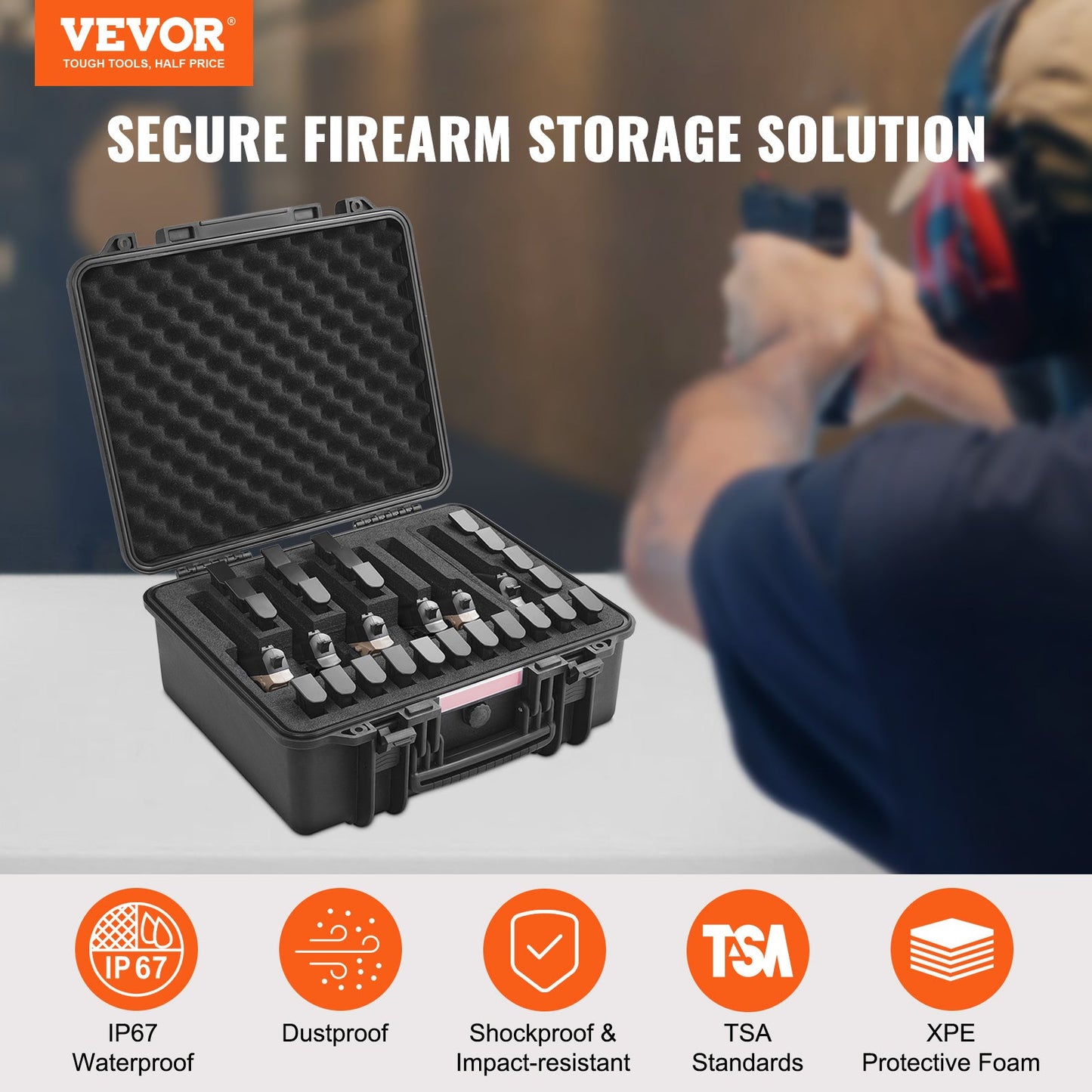 Hard Pistol Case IP67 Waterproof – TSA Approved Lockable Handgun Case with XPE Pre-Cut Foam Lining, Pressure Release Valve & Dual Padlock Holes for Safe Firearm Transport & Storage