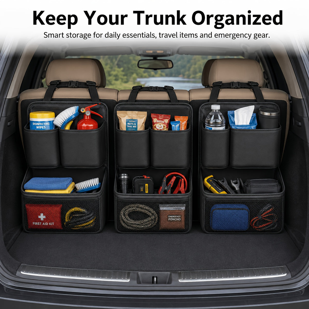 QIANKUNBAG Premium PU Leather Car Organizer Trunk Organizer with Multi-Pocket Storage, Adjustable Straps & Bottle Slots - Versatile Automobile Accessories for Organization And Travel