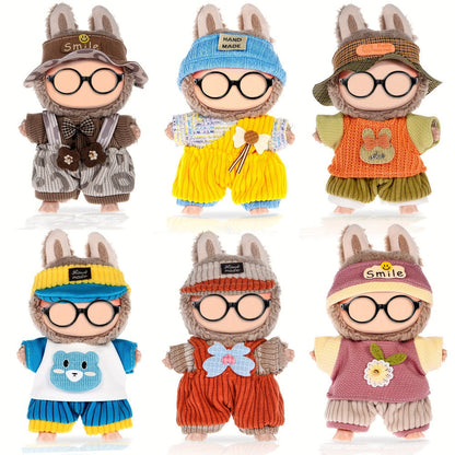 Labubu Outfit Set 6 Pcs 3D Embroidery Doll Clothes for 17cm Plush Figures – Premium Soft Fabric Fashion Clothing, Birthday Christmas Halloween Gift for Girls Kids Ages 3+ (Doll Glasses Shoes Not Included)